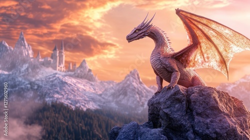 Fantasy dragon perched on a cliff at sunset with mountains and magical castle in the background, perfect for fantasy art and gaming themes. photo