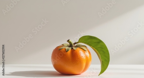 A single ripe persimmon with a green leaf.