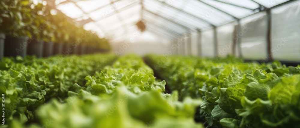 Fresh lettuce growing in a greenhouse with natural sunlight for organic farming and sustainable agriculture practices for healthy eating. Fresh lettuce growing in a greenhouse with natural sunlight for organic farming and sustainable agriculture practices for healthy eating.