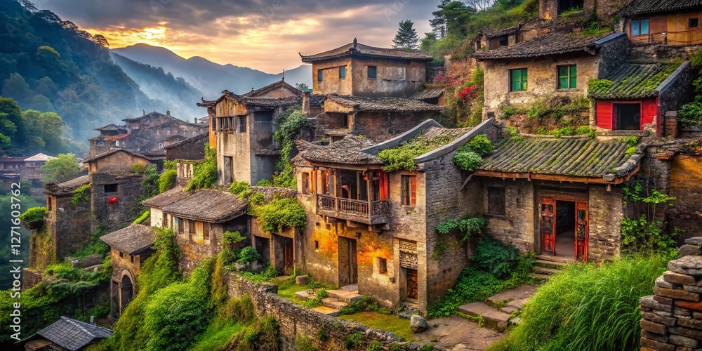 Fototapeta premium Ancient Huaiyuan Town, Sichuan, China: Urban Exploration Photography - Decaying Beauty of Old Sichuan Architecture