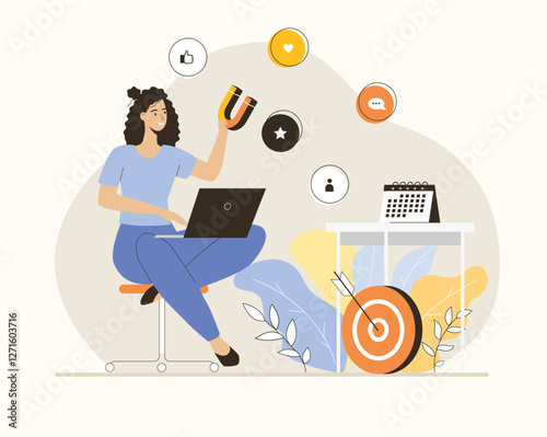 Digital marketing strategy. Woman holding magnet to attract likes, followers, customers feedback in social media, service for product and trend promotion. Flat vector illustration.	