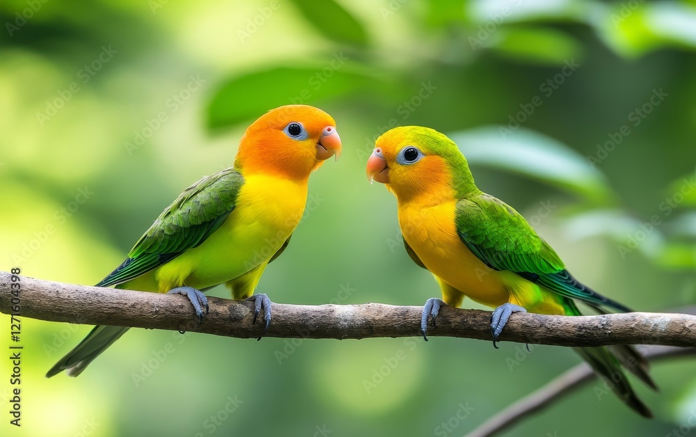 Two vibrant, colorful bird perched on a branch, surrounded by lush greenery in a serene environment Two vibrant, colorful bird perched on a branch, surrounded by lush greenery in a serene environment