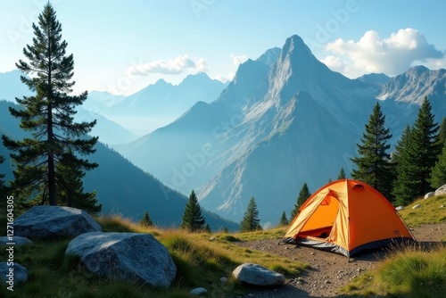 A solitary orange tent nestled amidst towering mountain peaks, a breathtaking vista of majestic alpine scenery unfolds, promising an unforgettable adventure in the wilderness