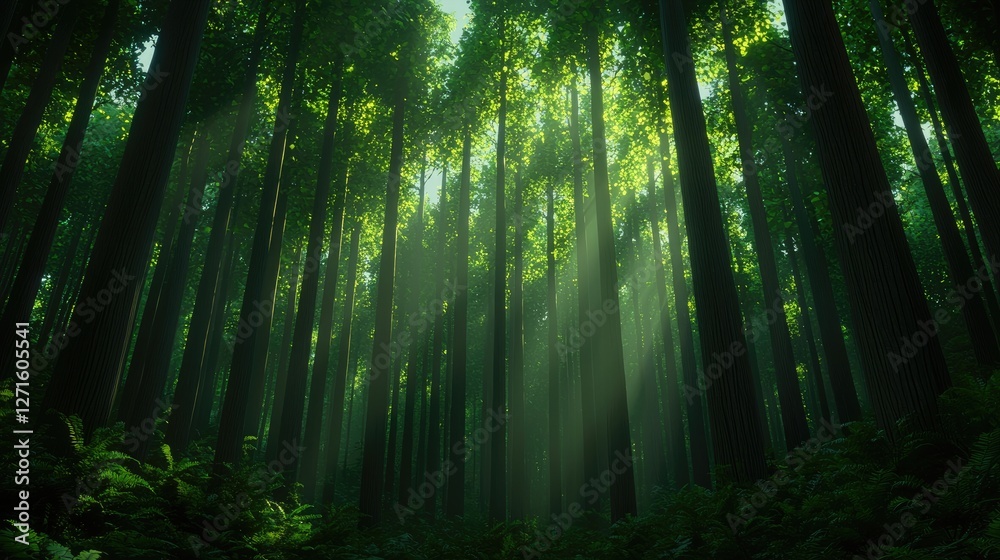 Fototapeta premium Serene Forest with Sunlight Filtering Through Lush Green Canopy