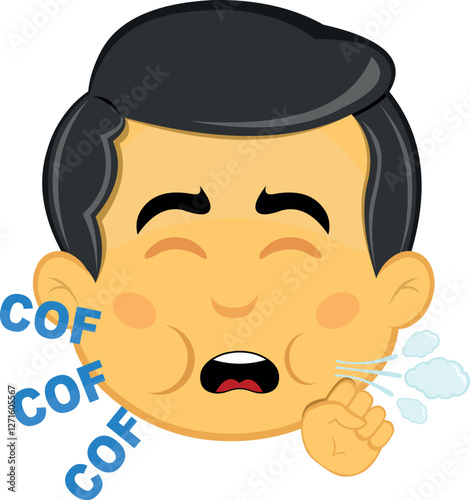 vector illustration yellow emoji character male, coughing air with a COF COF text