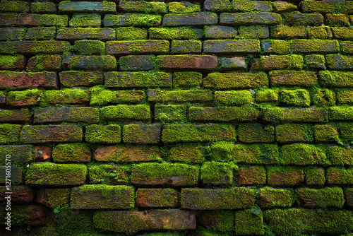 Wallpaper Mural Brick wall covered in moss, close-up of red brick wall overgrown. Royalty high-quality free best stock of old brick wall with green moss and lichen growth. Blank background with copy space for design Torontodigital.ca