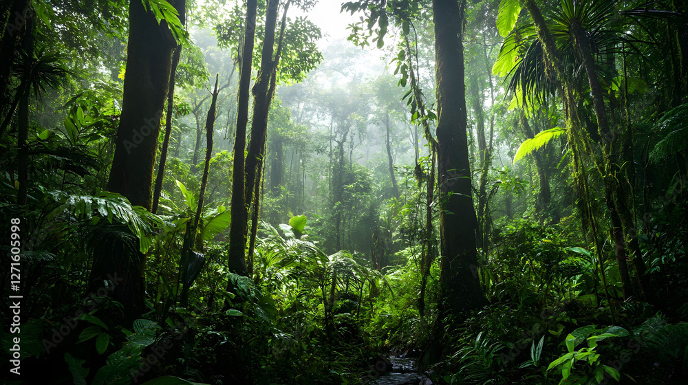 Fototapeta premium Lush Rainforest Enchantment: A Tranquil Escape into Verdant Nature