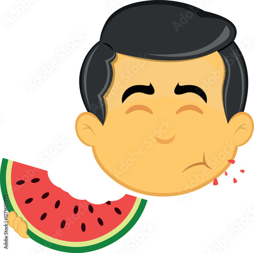 vector illustration yellow emoji character male, eating watermelon fruit