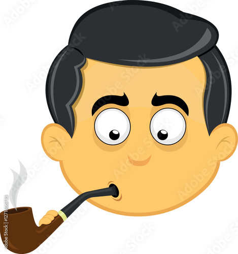 vector illustration yellow emoji character male, smoking and inhaling pipe tobacco smoke