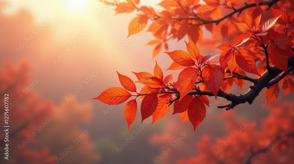 Autumnal Branch with Vibrant Red Foliage Illuminated by Golden Sunlight Autumnal Branch with Vibrant Red Foliage Illuminated by Golden Sunlight
