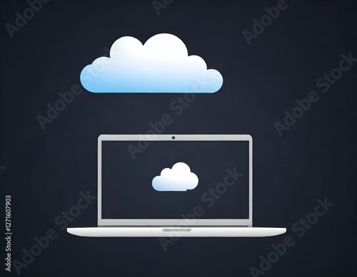 Cloud computing concept with a laptop displaying a cloud icon on its screen. The background features colorful, stylized clouds, symbolizing data storage, internet services, and digital connectivity. T