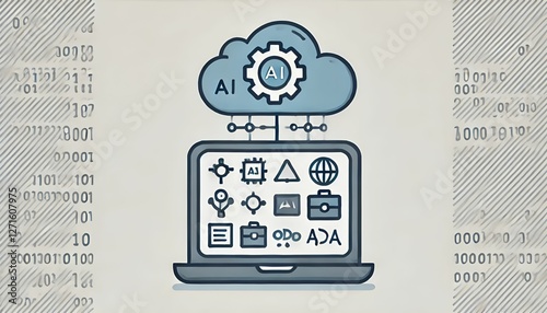 Cloud computing concept with a laptop displaying a cloud icon on its screen. The background features colorful, stylized clouds, symbolizing data storage, internet services, and digital connectivity. T