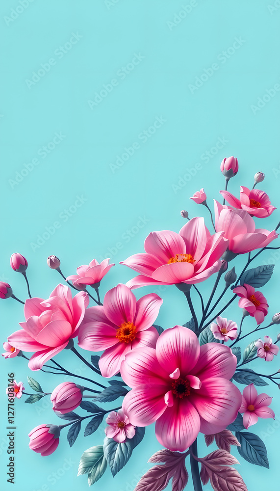 Fototapeta premium Turquoise Floral banner with beautiful flowers blooming at light blue background, floral border, glowing neon. White tone