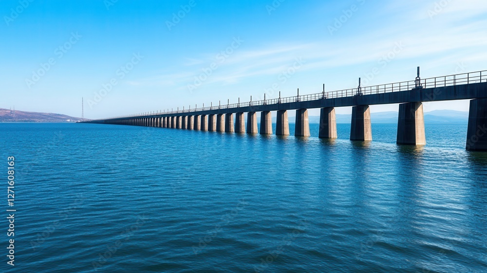A long pier extends over calm waters under a clear blue sky, creating a serene and picturesque landscape. A long pier extends over calm waters under a clear blue sky, creating a serene and picturesque landscape.
