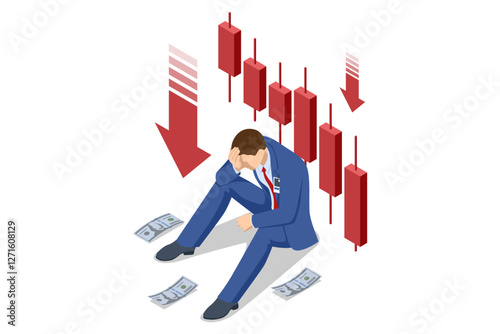 Isometric illustration of a distressed trader sitting on the ground with falling stock market charts and scattered money, symbolizing financial loss. Stock crash, financial loss, stock market fall