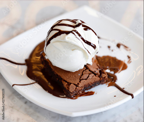 brownie with vanilla ice cream and chocolate sauce1 photo