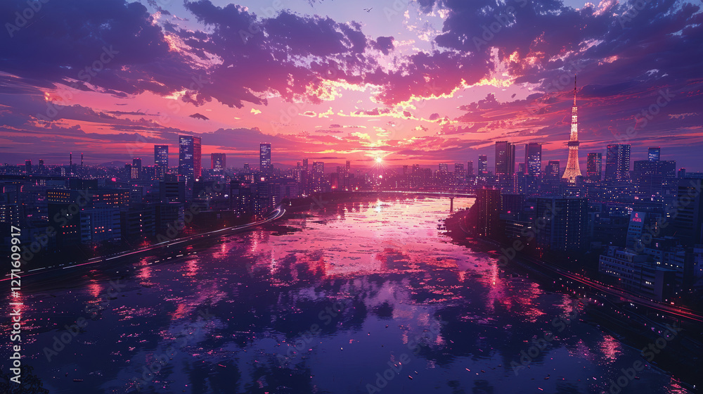 Fototapeta premium Stunning cyberpunk cityscape painting with vibrant pink sunset reflections.