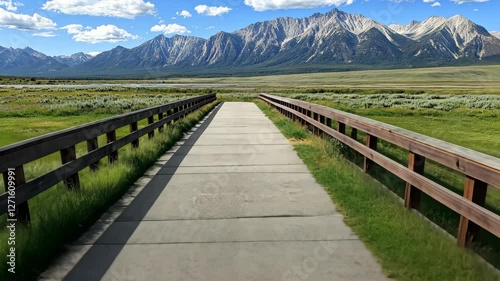 Wallpaper Mural Wander down a wide path bordered by wooden railings while enjoying breathtaking mountain views and vibrant natural surroundings Torontodigital.ca