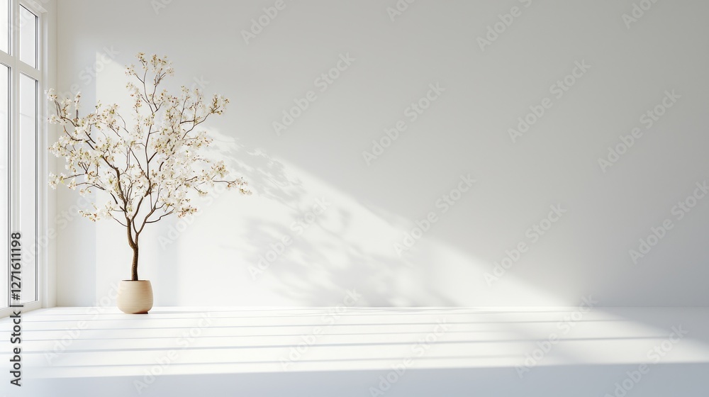 Obraz premium Minimalist room, plant, sunlight, white wall, interior design
