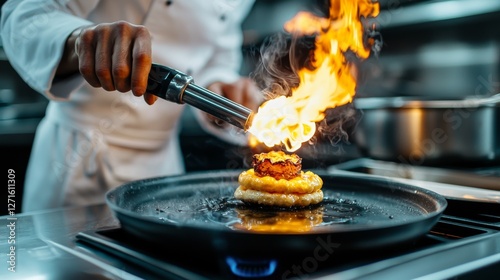 Chef Using Blowtorch to Caramelize the Top of Dessert in Modern Kitchen Setting with Flames