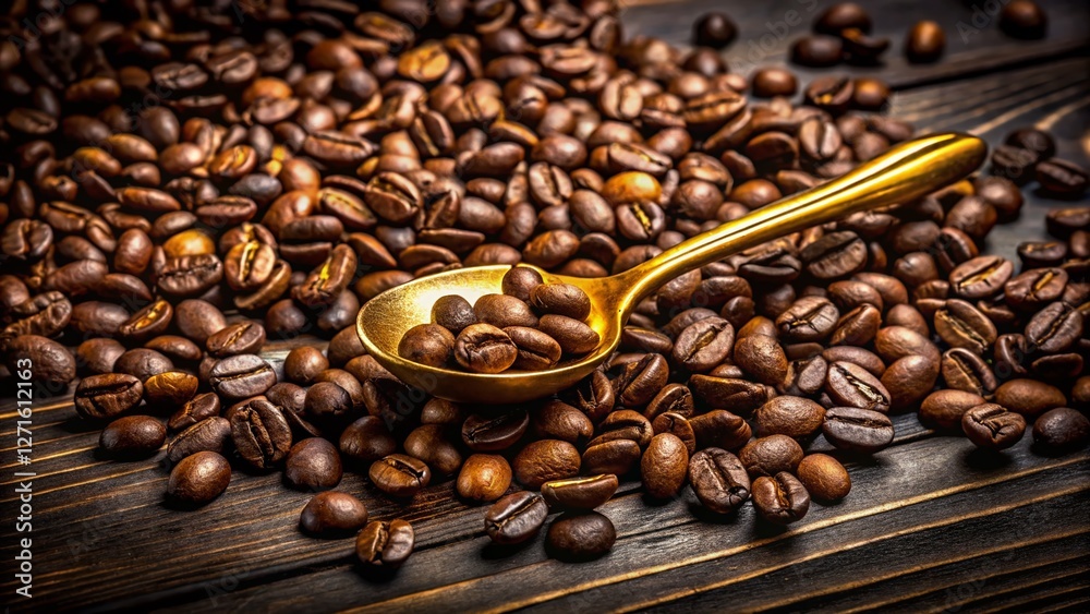 Fototapeta premium Aromatic Coffee Beans with Golden Spoon - Dark Wood Background Stock Photo