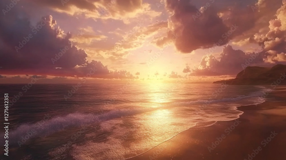 Serene Sunset Over Calm Sea with Gentle Waves and Dramatic Cloud Formation Illuminated by Golden Evening Light Serene Sunset Over Calm Sea with Gentle Waves and Dramatic Cloud Formation Illuminated by Golden Evening Light