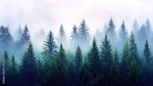 Misty Mountain Forest with Green Coniferous Trees
