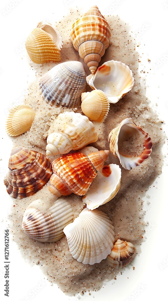 Sea shells on the sand isolated on white background Sea shells on the sand isolated on white background