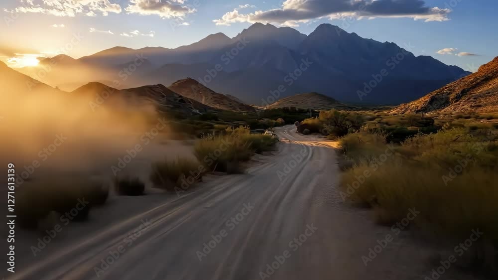 Warm hues envelop the desert as the sun sets, stirring dust along the winding path. Cacti and rugged mountains create a stunning backdrop for nature's tranquility.