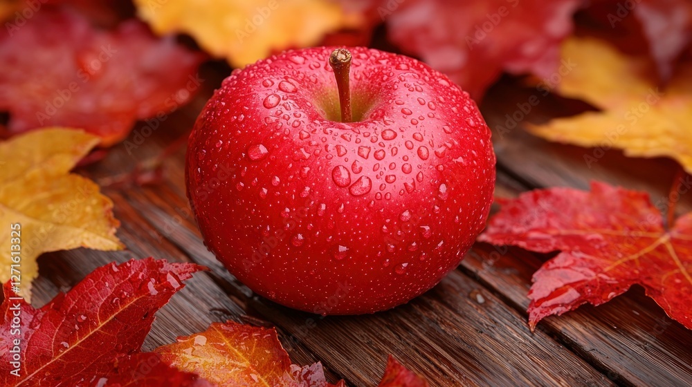 Autumn apple surrounded by colorful leaves on wooden surface Autumn apple surrounded by colorful leaves on wooden surface