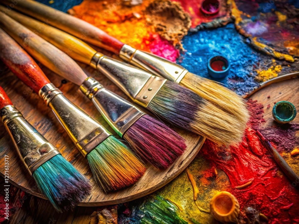 Fototapeta premium Artistic Paint Brushes and Palette Still Life - Vibrant Colors & Textures