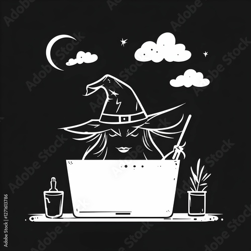 Cyber Witch Working on a Laptop – Digital Magic Concept