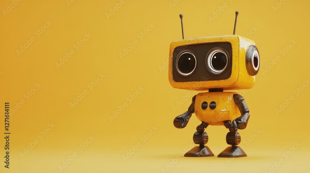 Cute yellow retro robot on yellow background. Cute yellow retro robot on yellow background.