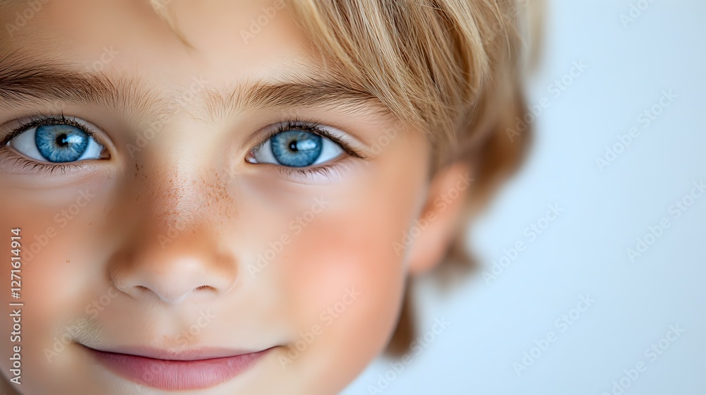 Close up portrait of young child with bright blue eyes and blonde hair smiling gently at camera against light background, soft natural lighting creates warm mood. Close up portrait of young child with bright blue eyes and blonde hair smiling gently at camera against light background, soft natural lighting creates warm mood.