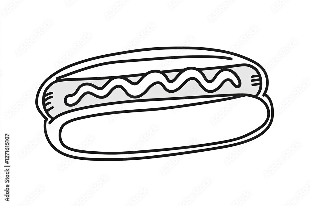 Simple outlined hot dog with mustard on top.