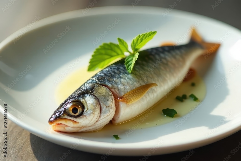 A single, prepared fish rests elegantly on a pristine white plate, adorned with fresh herbs and a subtle sauce. The delicate presentation suggests a refined culinary experience. A single, prepared fish rests elegantly on a pristine white plate, adorned with fresh herbs and a subtle sauce. The delicate presentation suggests a refined culinary experience.