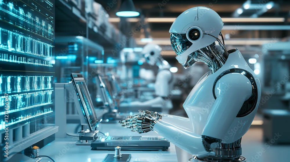AI in the Lab: A Humanoid Robot Working on a Computer in a Modern Laboratory Setting, Emphasizing Artificial Intelligence, Robotics, and the Future of Automation in Scientific Research.