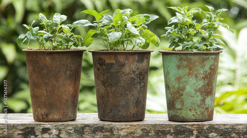 Three pots with vibrant green plants stand on a wooden surface, showcasing varying textures and colors of the pots in a lush garden setting. Three pots with vibrant green plants stand on a wooden surface, showcasing varying textures and colors of the pots in a lush garden setting.