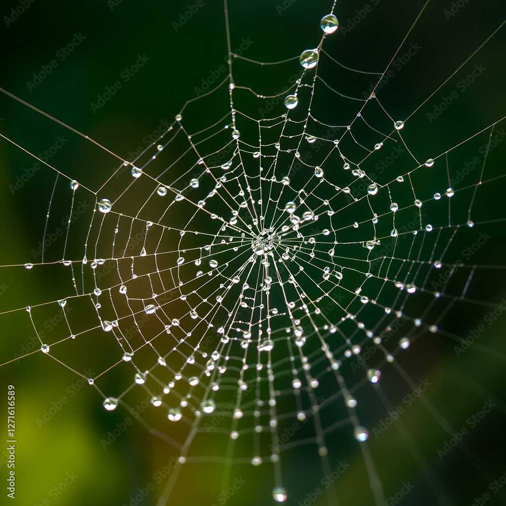 Fototapeta premium Dew-Covered Spider Web Glistening in Sunlight