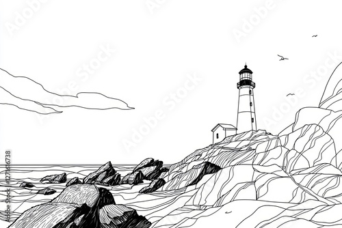 Outline of a lighthouse on a rocky coast.