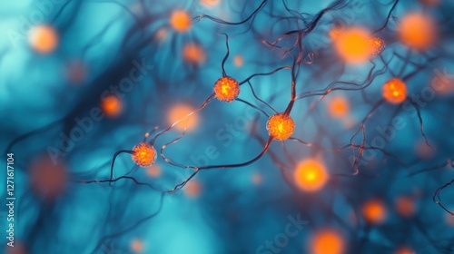 Neuronal network background with glowing synapses, abstract representation of brain activity in neuroscience and biology research, colors of neurons