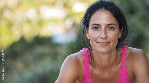 Femme souriante en débardeur rose, portrait lumineux en extérieur photo