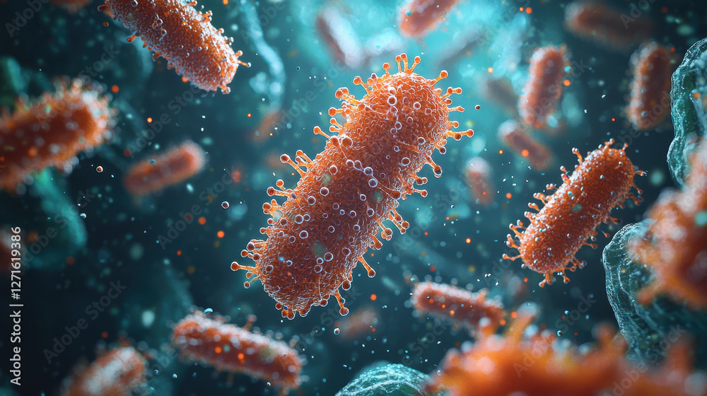 Conceptual visualization of complex bacterial colonies forming biofilm inside human organs with intricate textures and cinematic medical lighting Conceptual visualization of complex bacterial colonies forming biofilm inside human organs with intricate textures and cinematic medical lighting