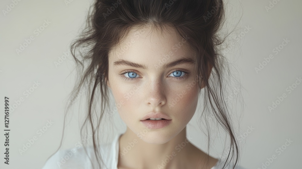 Portrait of a beautiful young woman with blue eyes and dark hair, natural makeup, and a relaxed expression against a soft background