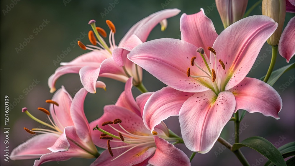 Blooming Lilies: Delicate pink lilies, captured in a close-up, showcase their elegant petals and vibrant stamens. Blooming Lilies: Delicate pink lilies, captured in a close-up, showcase their elegant petals and vibrant stamens.
