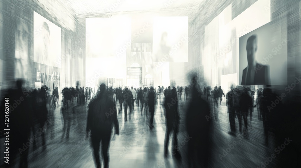 Exhibition hall background with intentionally blurred product displays, branding banners, and a large crowd of attendees, versatile for overlay text. Exhibition hall background with intentionally blurred product displays, branding banners, and a large crowd of attendees, versatile for overlay text.