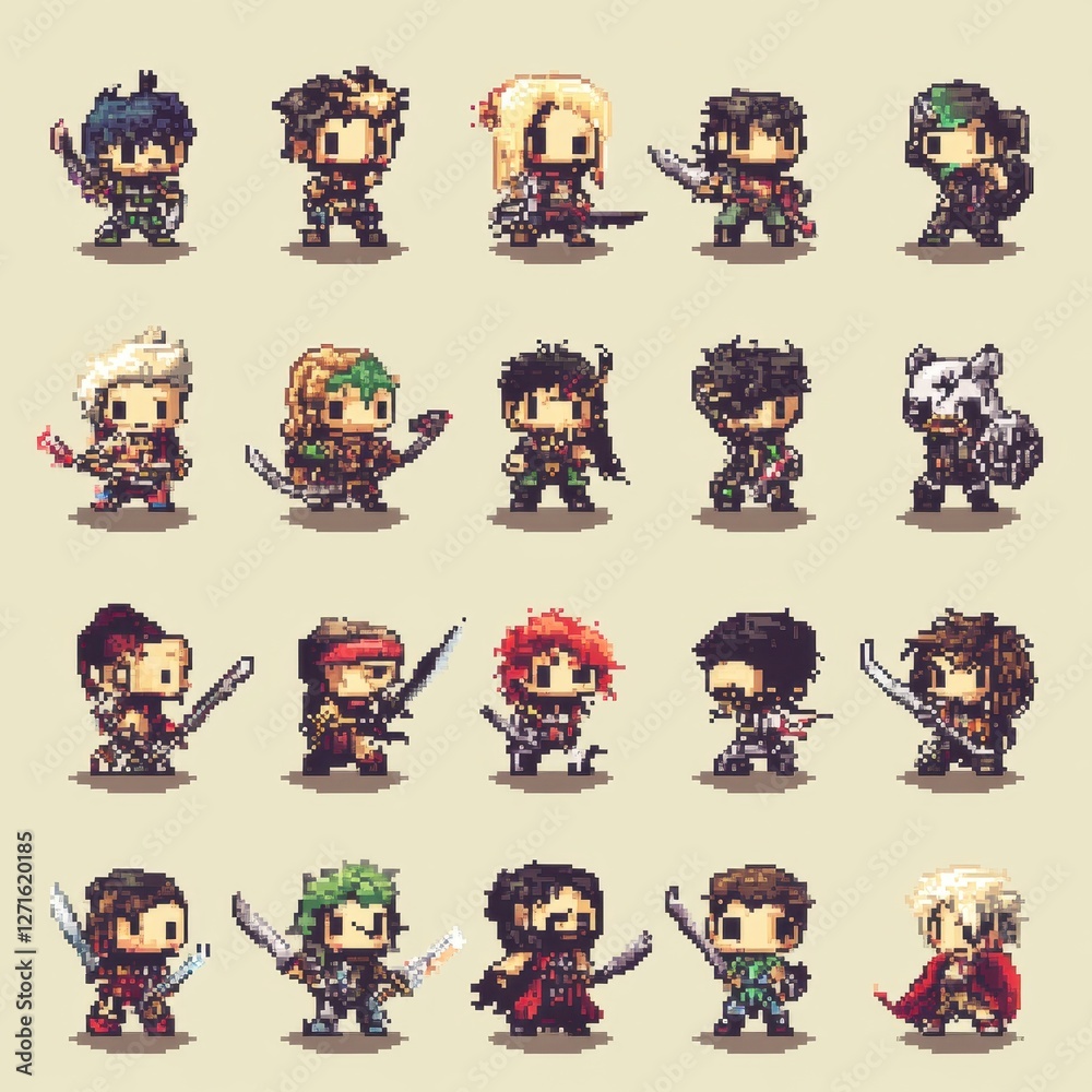 Fototapeta premium Pixelated Character Sprite Animation Showcase Digital Art Game Development Colorful Creative Unique Illustrations