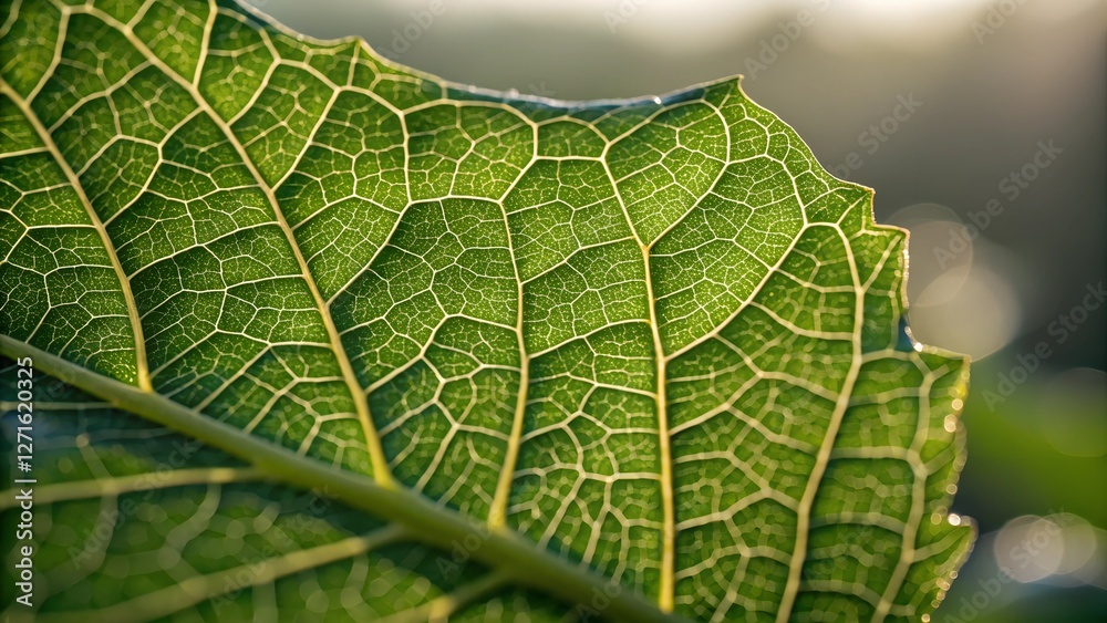 Leaf's Intricate Web: A close-up shot of a vibrant green leaf, revealing its intricate network of veins and textures, illuminated by sunlight. Leaf's Intricate Web: A close-up shot of a vibrant green leaf, revealing its intricate network of veins and textures, illuminated by sunlight.