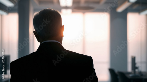 Silhouette of a mature businessman in modern office at sunset. Senior boss walks towards sunlight