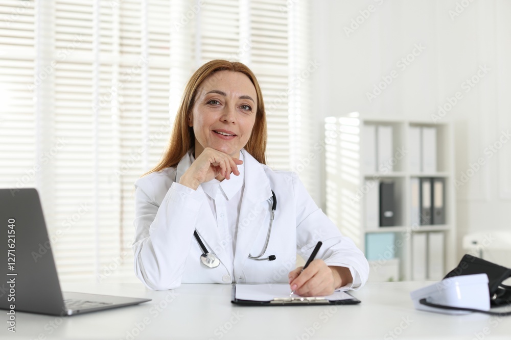 Cardiologist with stethoscope at white table in clinic Cardiologist with stethoscope at white table in clinic